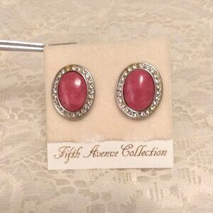 Vintage Genuine Pink Coral Clear Cubic Zirconia Silver Tone Oval Clip Earrings